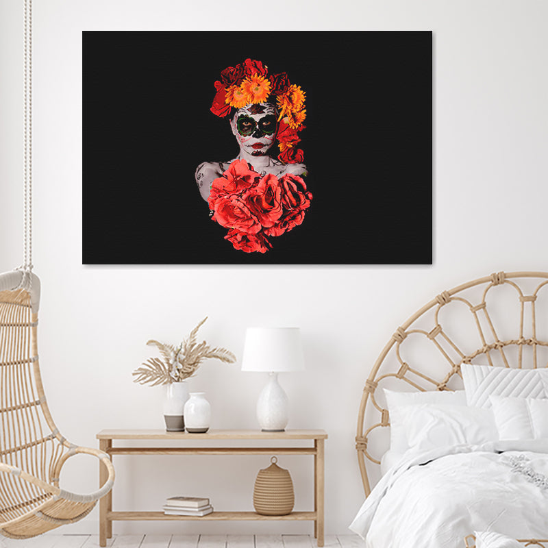 Catrina With Red Flowers Canvas Wall Art - Canvas Prints, Prints for Sale, Canvas Painting, Canvas On Sale