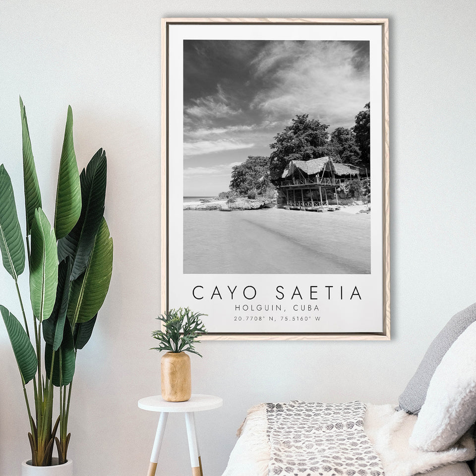 Cayo Saetia Cuba Skyline Paradise Island Black And White Art Framed Canvas Prints Wall Art Home Decor, Floating Frame