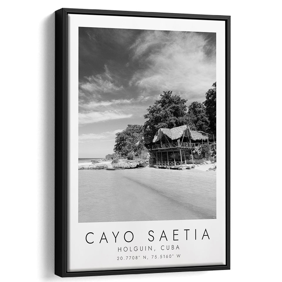 Cayo Saetia Cuba Skyline Paradise Island Black And White Art Framed Canvas Prints Wall Art Home Decor, Floating Frame