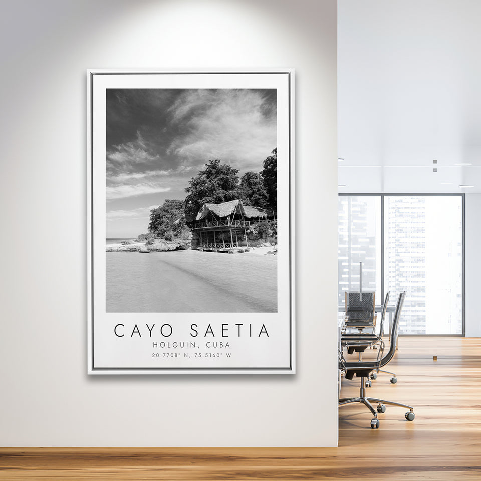 Cayo Saetia Cuba Skyline Paradise Island Black And White Art Framed Canvas Prints Wall Art Home Decor, Floating Frame