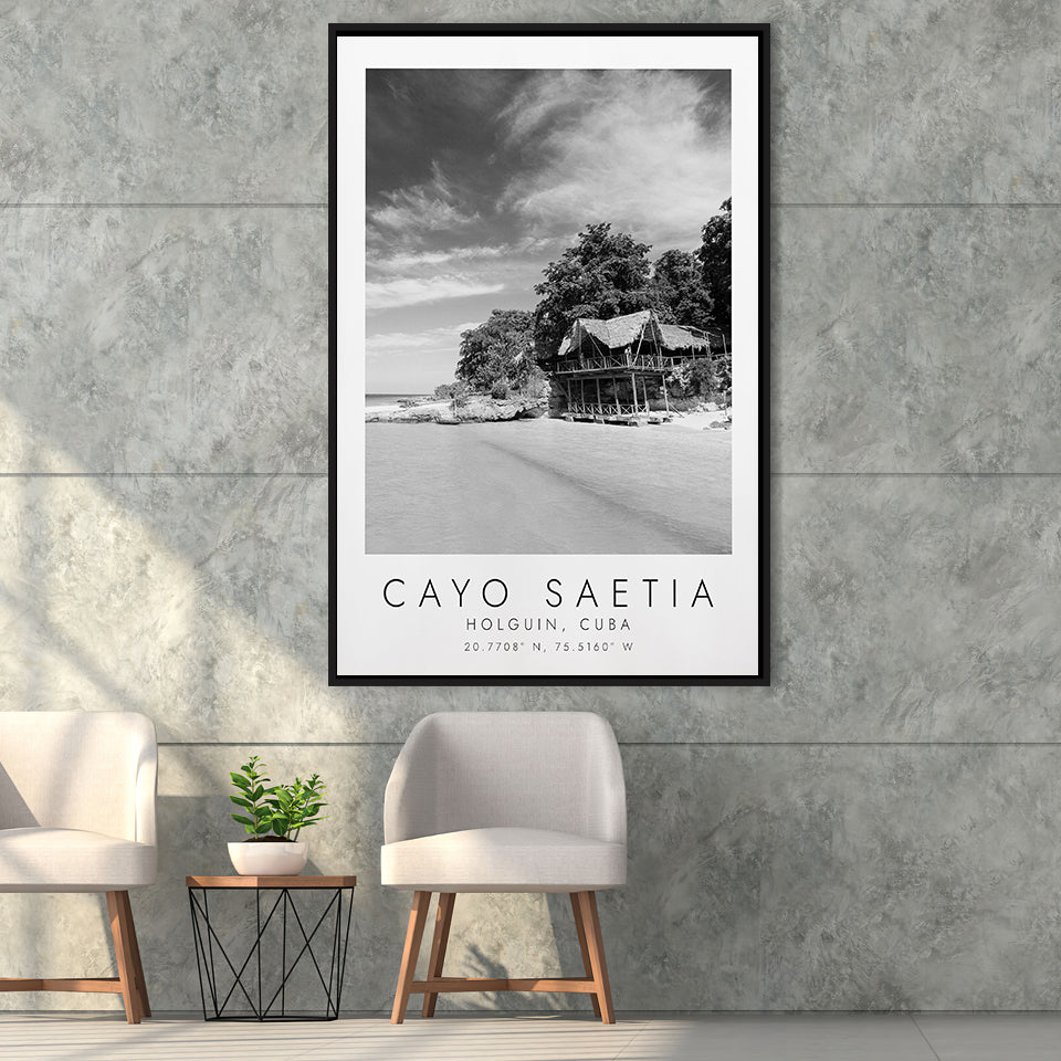 Cayo Saetia Cuba Skyline Paradise Island Black And White Art Framed Canvas Prints Wall Art Home Decor, Floating Frame