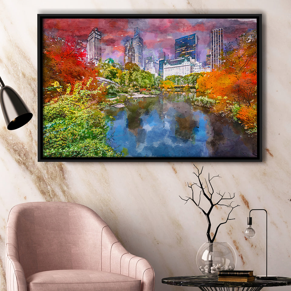 Central Park During Autumn New York City Art Watercolor Framed Canvas Prints Wall Art Home Decor,Floating Frame
