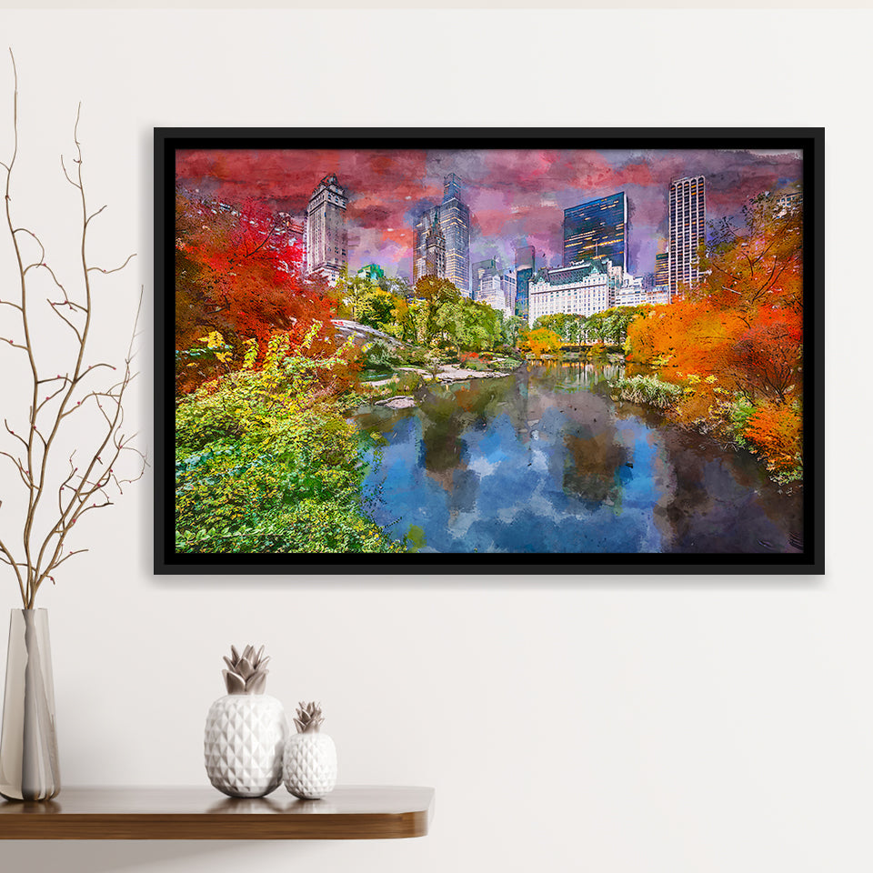 Central Park During Autumn New York City Art Watercolor Framed Canvas Prints Wall Art Home Decor,Floating Frame