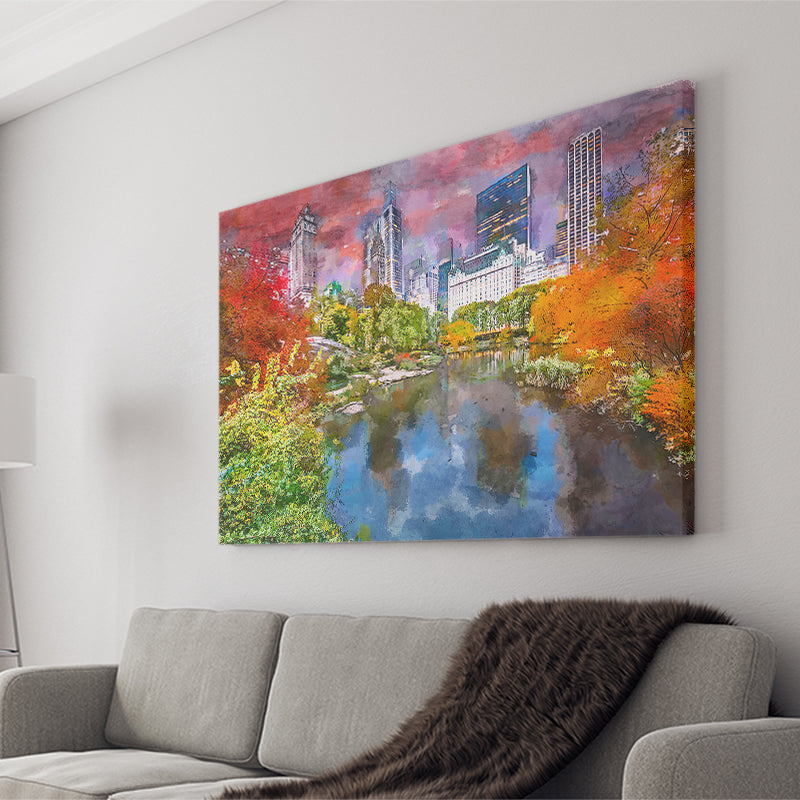 Central Park During Autumn New York City Art Watercolor Canvas Prints Wall Art Home Decor, Large Canvas