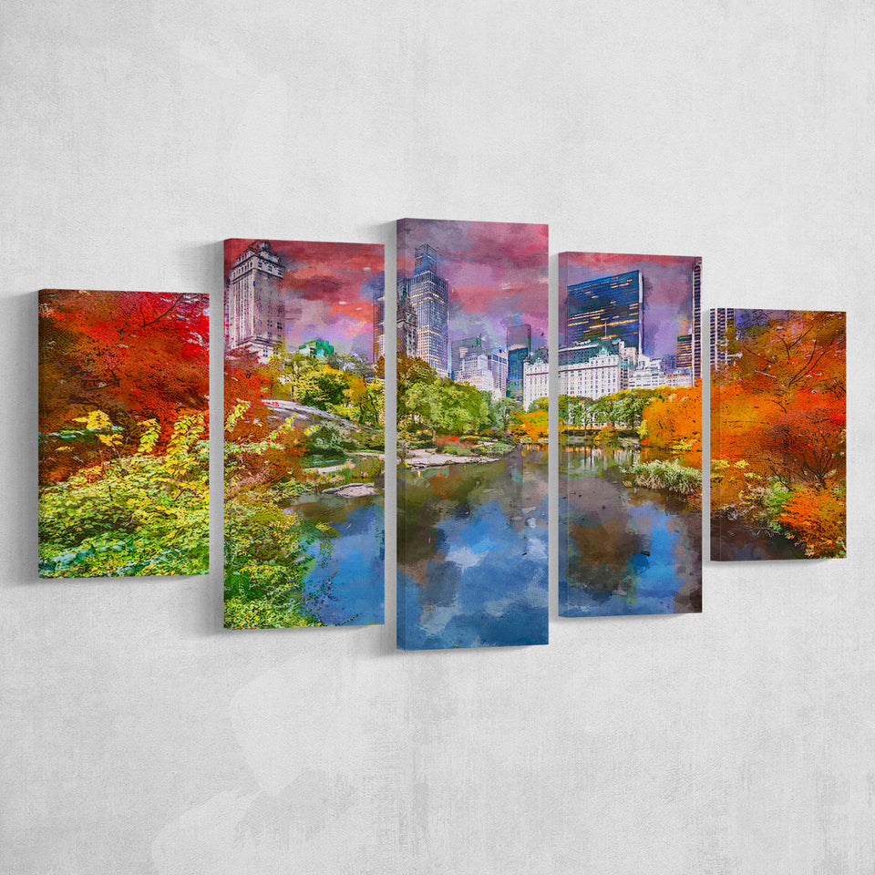Central Park During Autumn New York 5 Pieces Mixed Canvas Prints Wall Art Home Decor