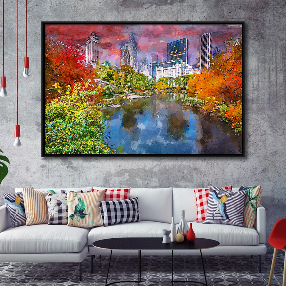 Central Park During Autumn New York City Art Watercolor Framed Canvas Prints Wall Art Home Decor,Floating Frame