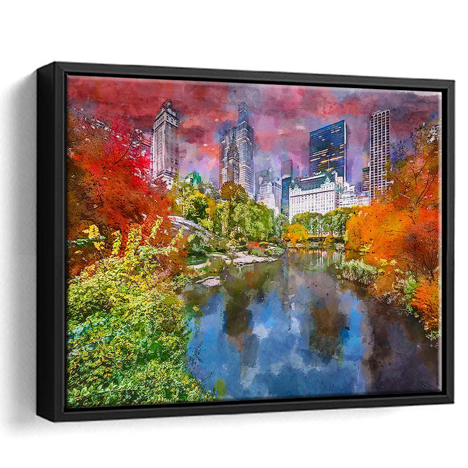 Central Park During Autumn New York City Art Watercolor Framed Canvas Prints Wall Art Home Decor,Floating Frame