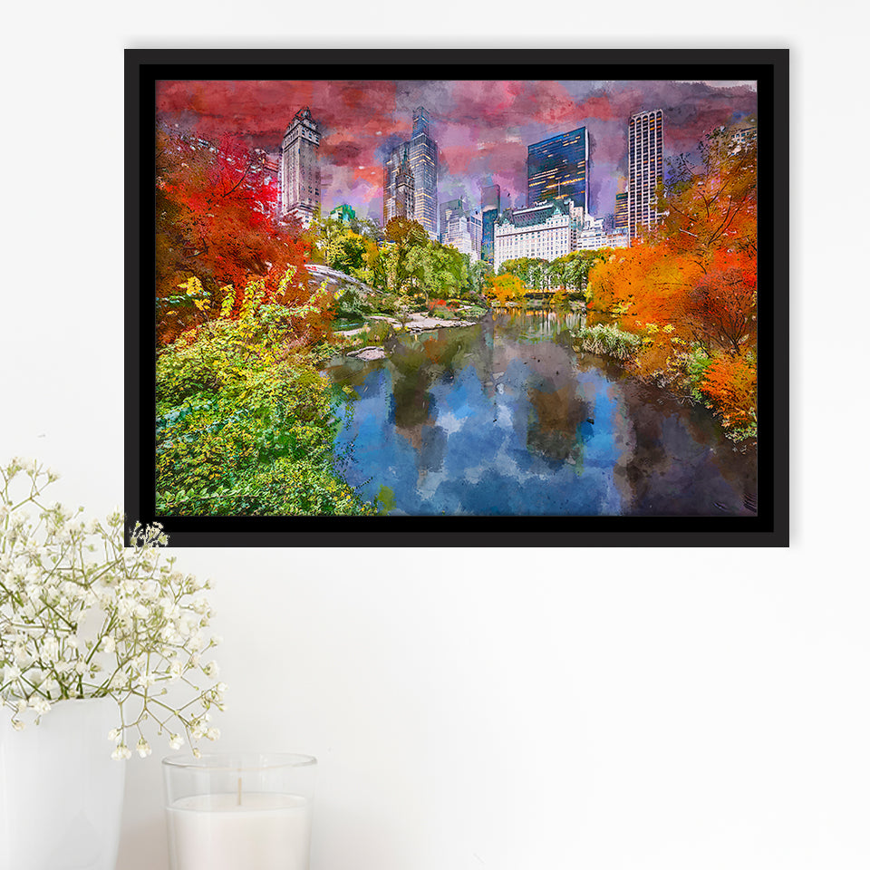 Central Park During Autumn New York City Art Watercolor Framed Canvas Prints Wall Art Home Decor,Floating Frame