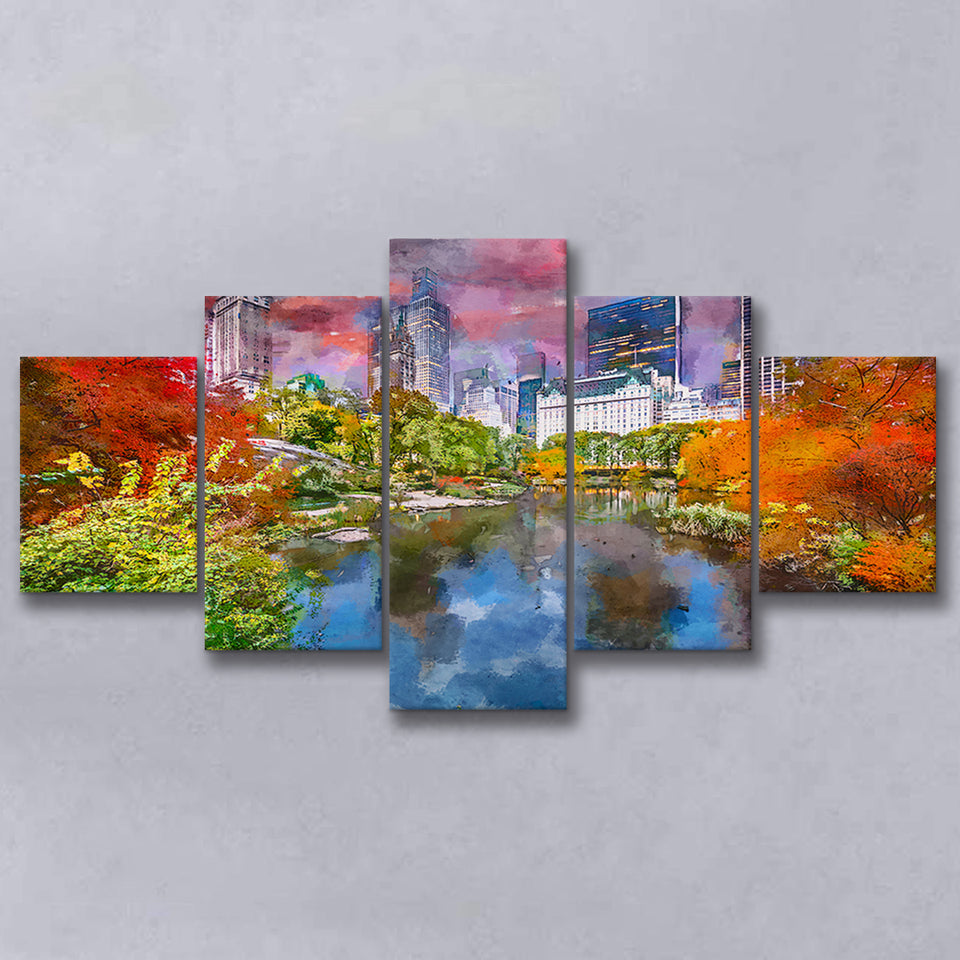 Central Park During Autumn New York 5 Pieces Mixed Canvas Prints Wall Art Home Decor