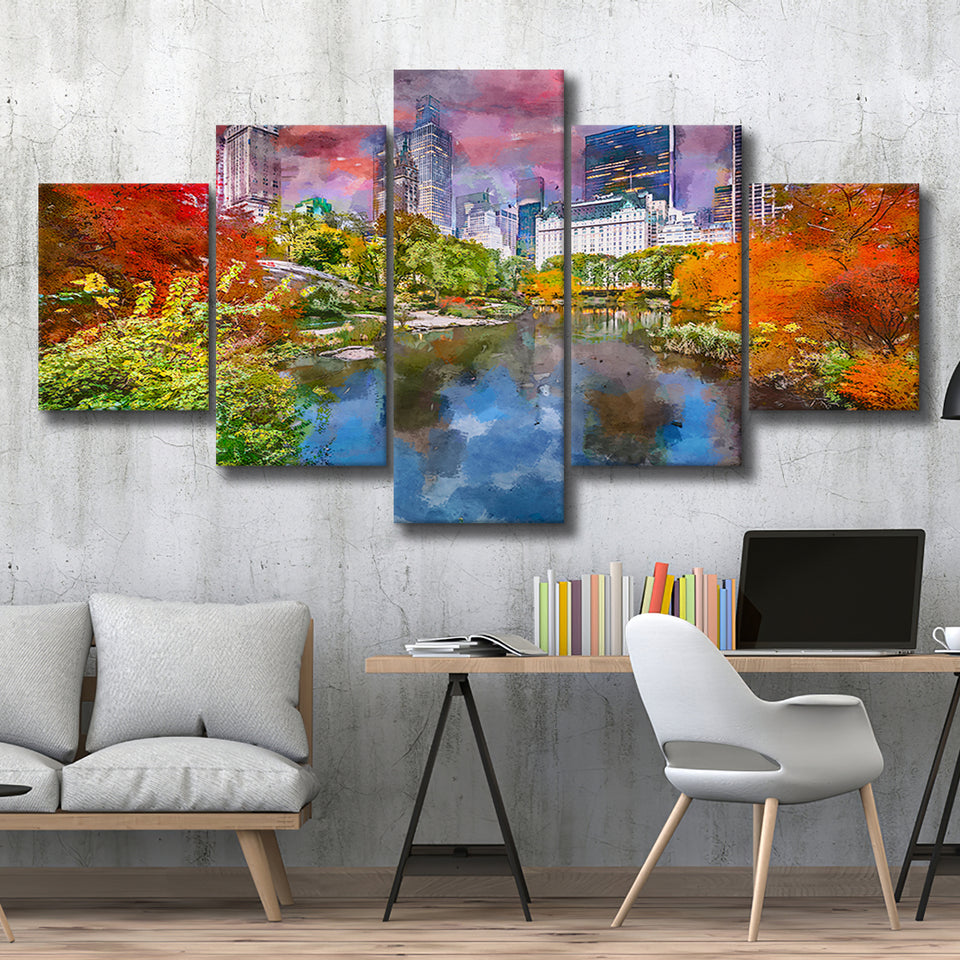 Central Park During Autumn New York 5 Pieces Mixed Canvas Prints Wall Art Home Decor