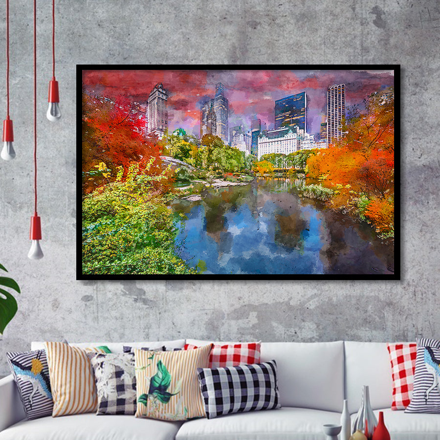 Central Park During Autumn New York City Art Watercolor Framed Art Prints Wall Art Decor,Framed Picture
