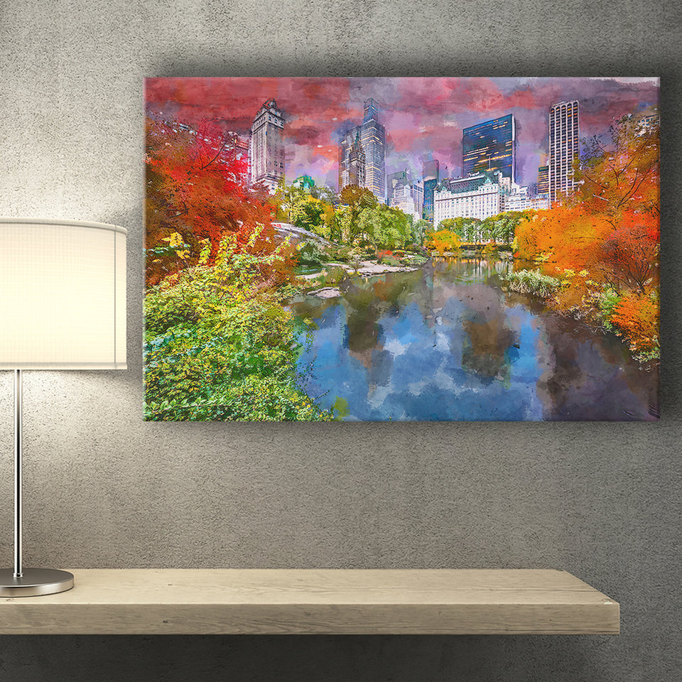 Central Park During Autumn New York City Art Watercolor Canvas Prints Wall Art Home Decor, Large Canvas