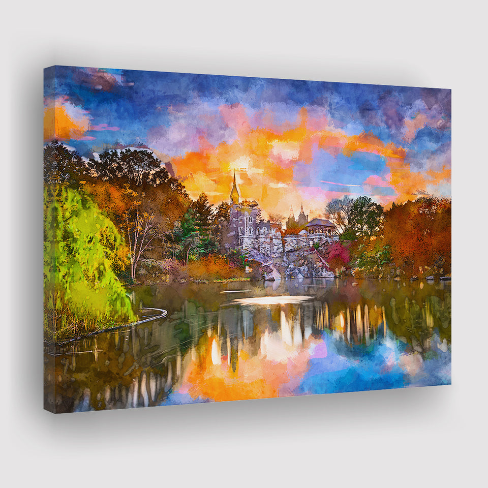Central Park New York City Belvedere V1 City Art Watercolor Canvas Prints Wall Art Home Decor, Large Canvas