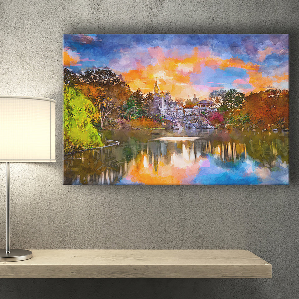 Central Park New York City Belvedere V1 City Art Watercolor Canvas Prints Wall Art Home Decor, Large Canvas