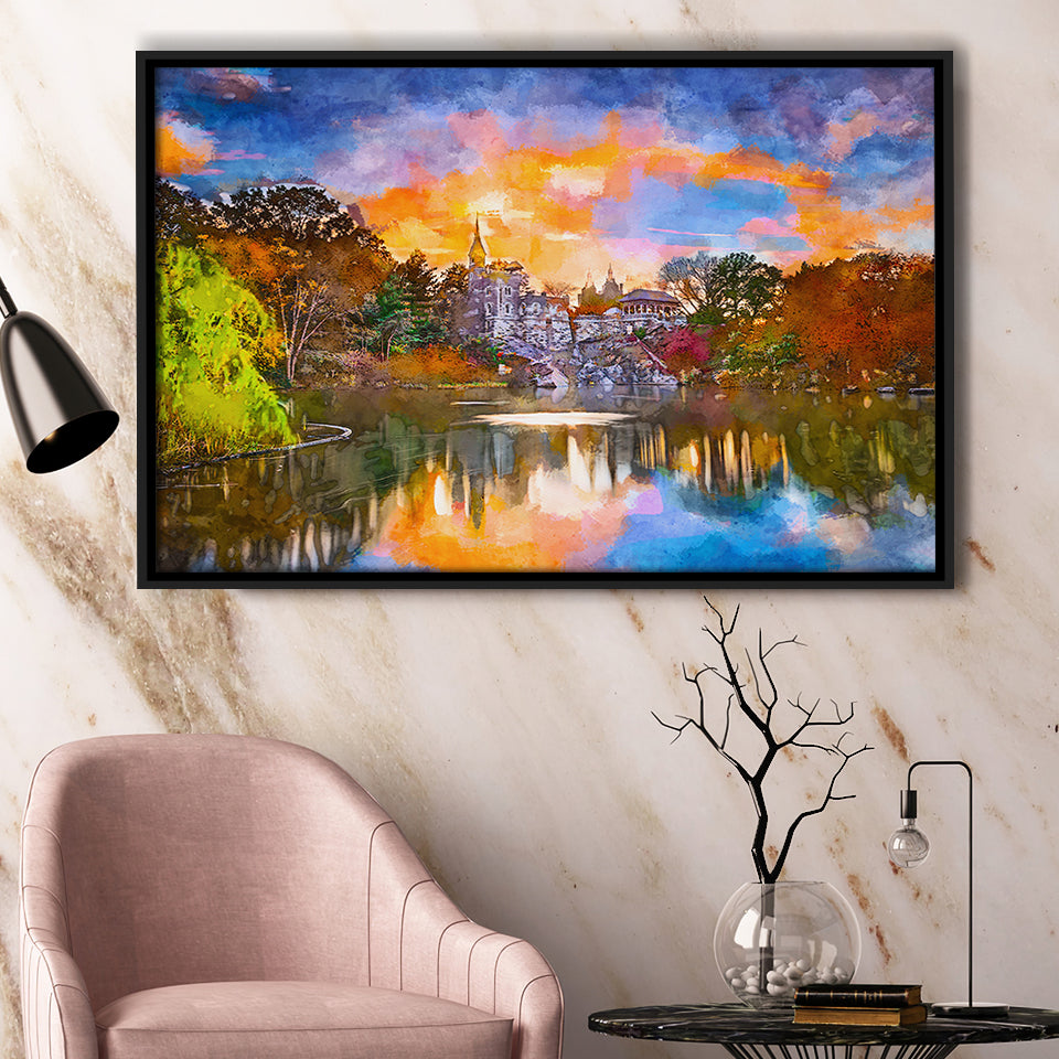 Central Park New York City Belvedere V1 City Art Watercolor Framed Canvas Prints Wall Art Home Decor,Floating Frame