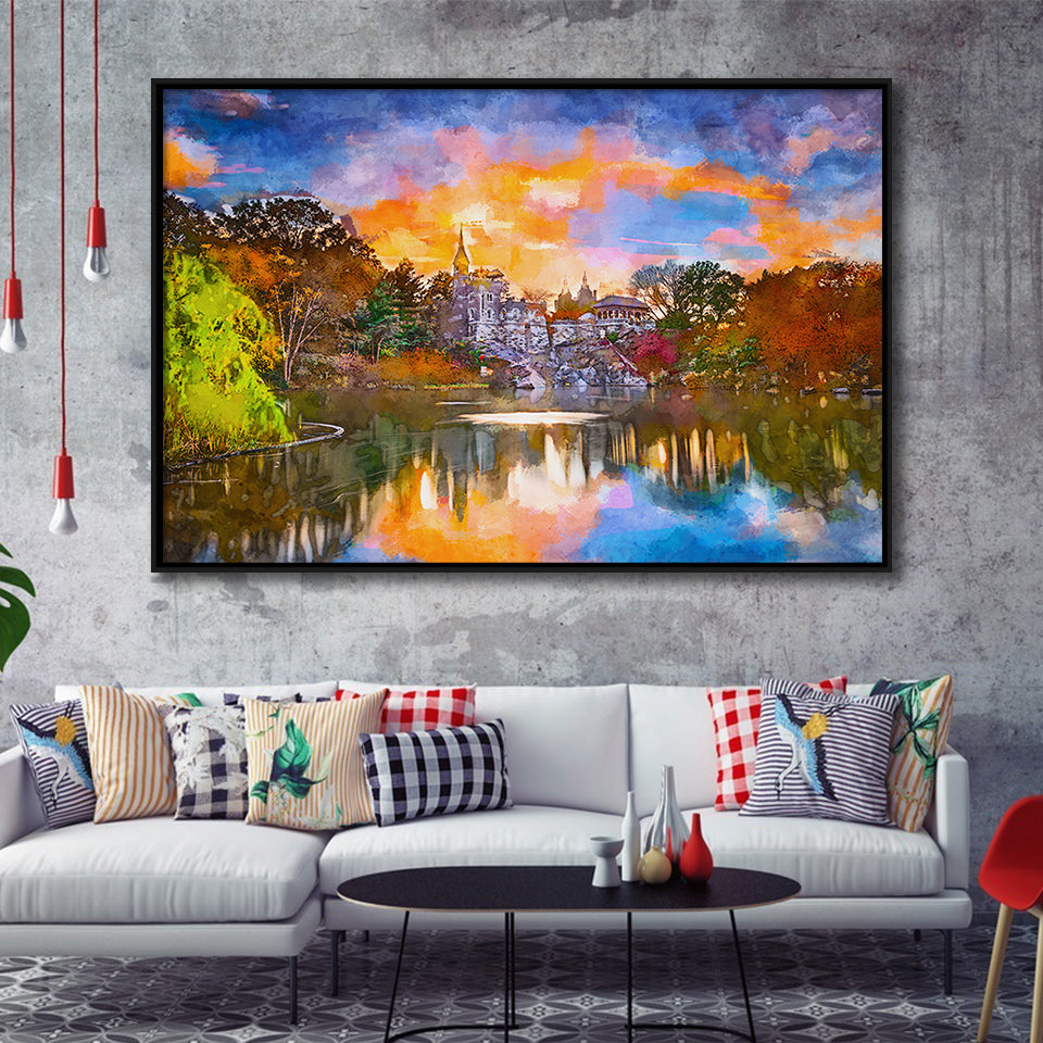 Central Park New York City Belvedere V1 City Art Watercolor Framed Canvas Prints Wall Art Home Decor,Floating Frame