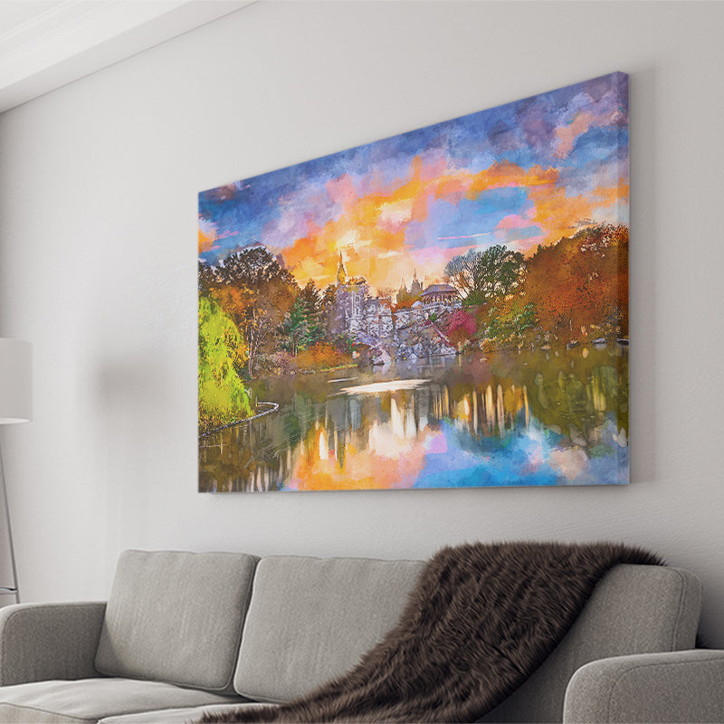 Central Park New York City Belvedere V1 City Art Watercolor Canvas Prints Wall Art Home Decor, Large Canvas