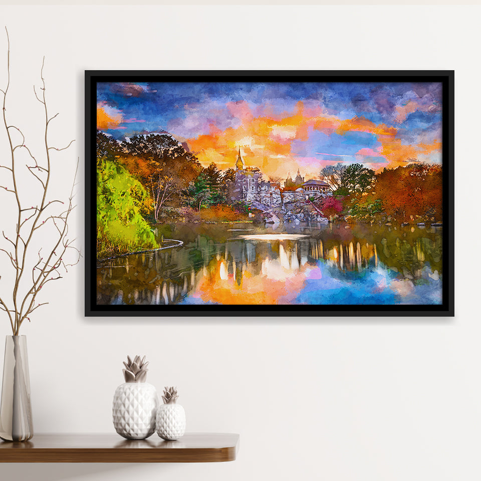 Central Park New York City Belvedere V1 City Art Watercolor Framed Canvas Prints Wall Art Home Decor,Floating Frame