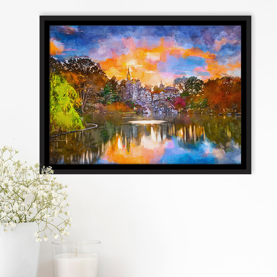 Central Park New York City Belvedere V1 City Art Watercolor Framed Canvas Prints Wall Art Home Decor,Floating Frame