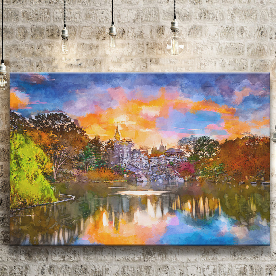 Central Park New York City Belvedere V1 City Art Watercolor Canvas Prints Wall Art Home Decor, Large Canvas