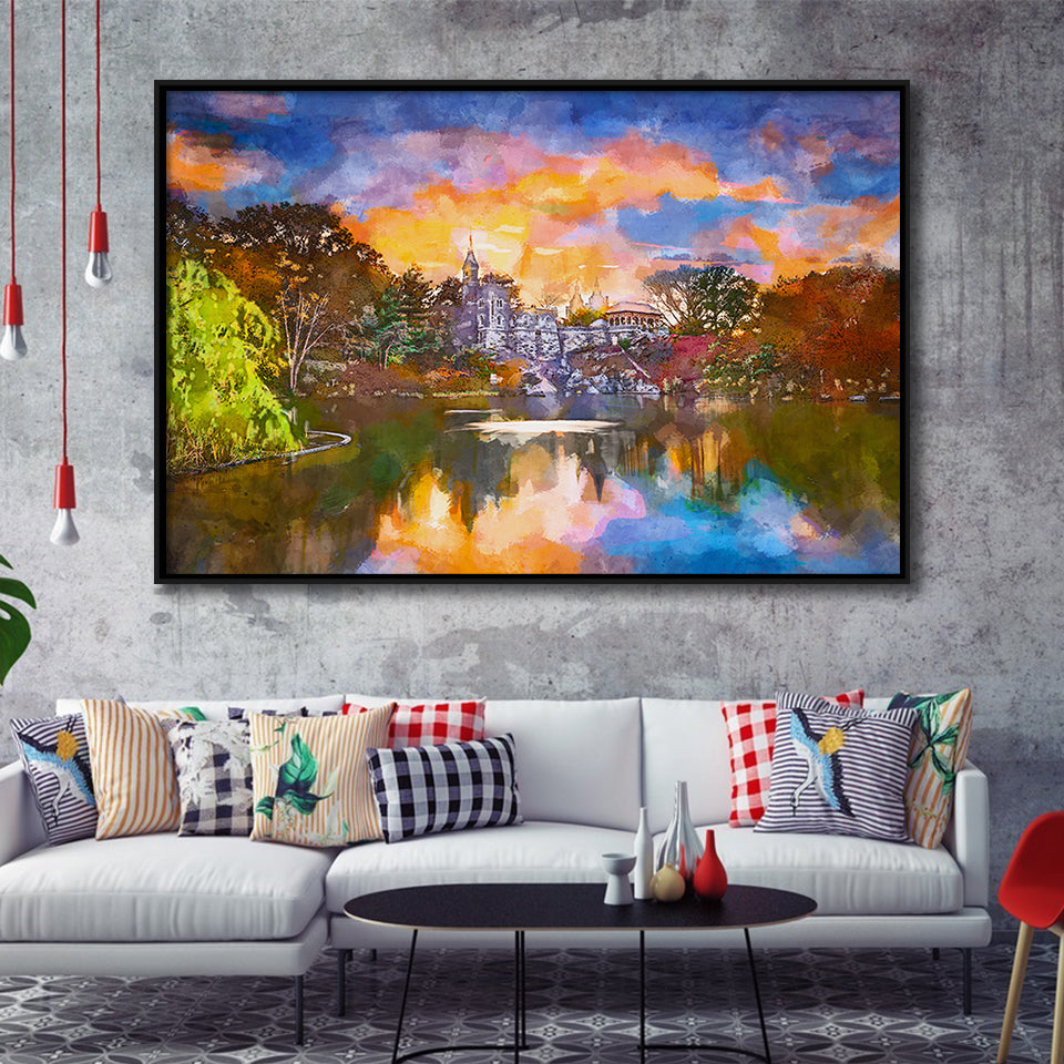 Central Park New York City Belvedere City Art Watercolor Framed Canvas Prints Wall Art Home Decor,Floating Frame
