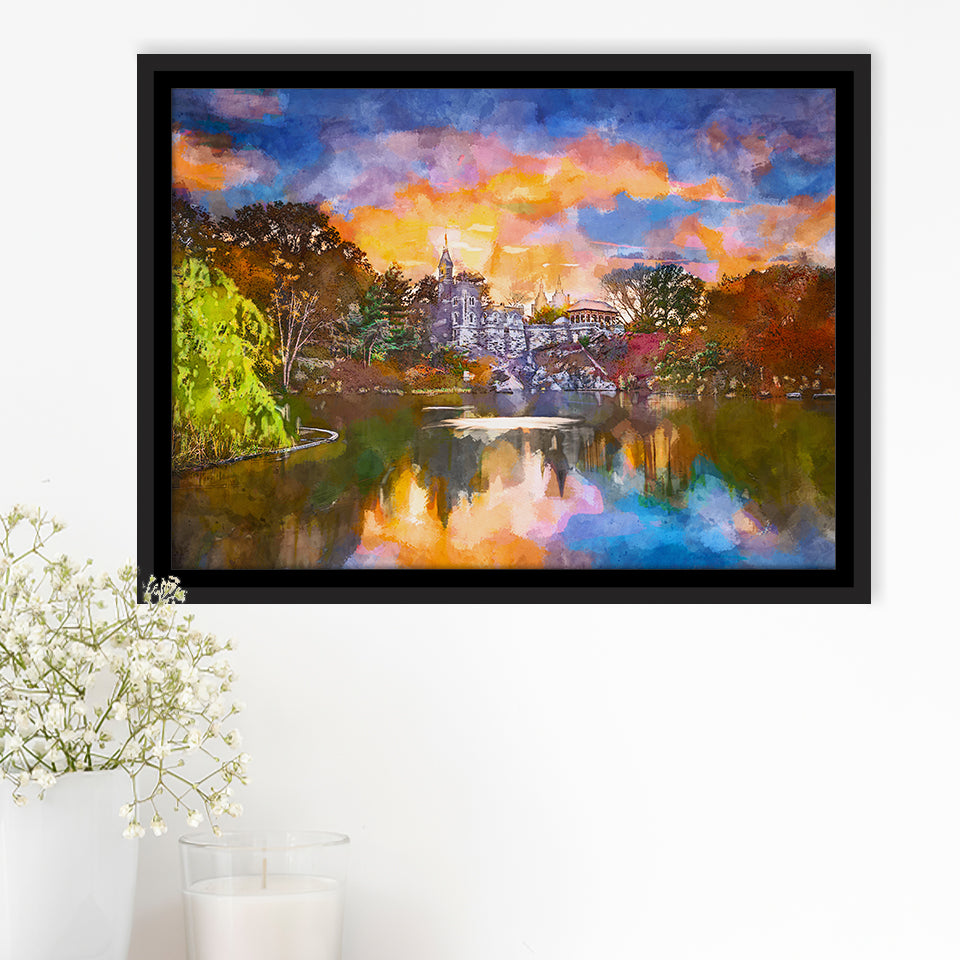 Central Park New York City Belvedere City Art Watercolor Framed Canvas Prints Wall Art Home Decor,Floating Frame