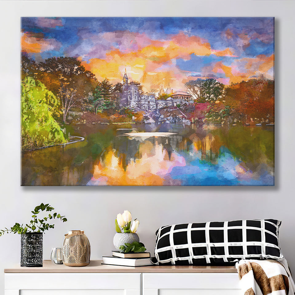 Central Park New York City Belvedere City Art Watercolor Canvas Prints Wall Art Home Decor, Large Canvas