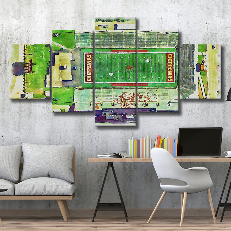 Central Michigan Chippewas Kelly Shorts Stadium Watercolor, 5 Pieces, Multi Panel Canvas Prints Wall Art Decor