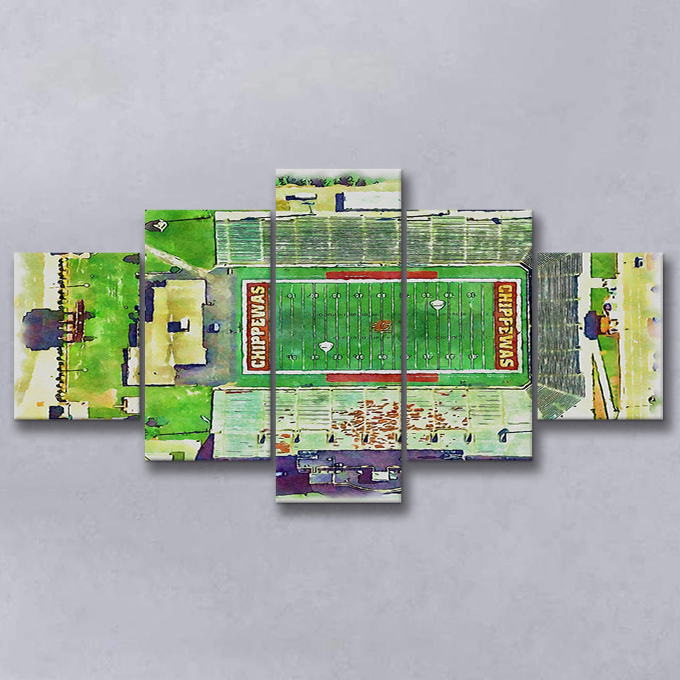 Central Michigan Chippewas Kelly Shorts Stadium Watercolor, 5 Pieces, Multi Panel Canvas Prints Wall Art Decor