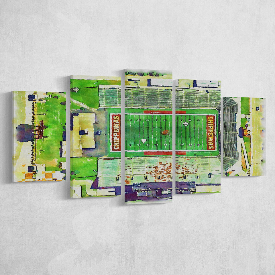Central Michigan Chippewas Kelly Shorts Stadium Watercolor, 5 Pieces, Multi Panel Canvas Prints Wall Art Decor
