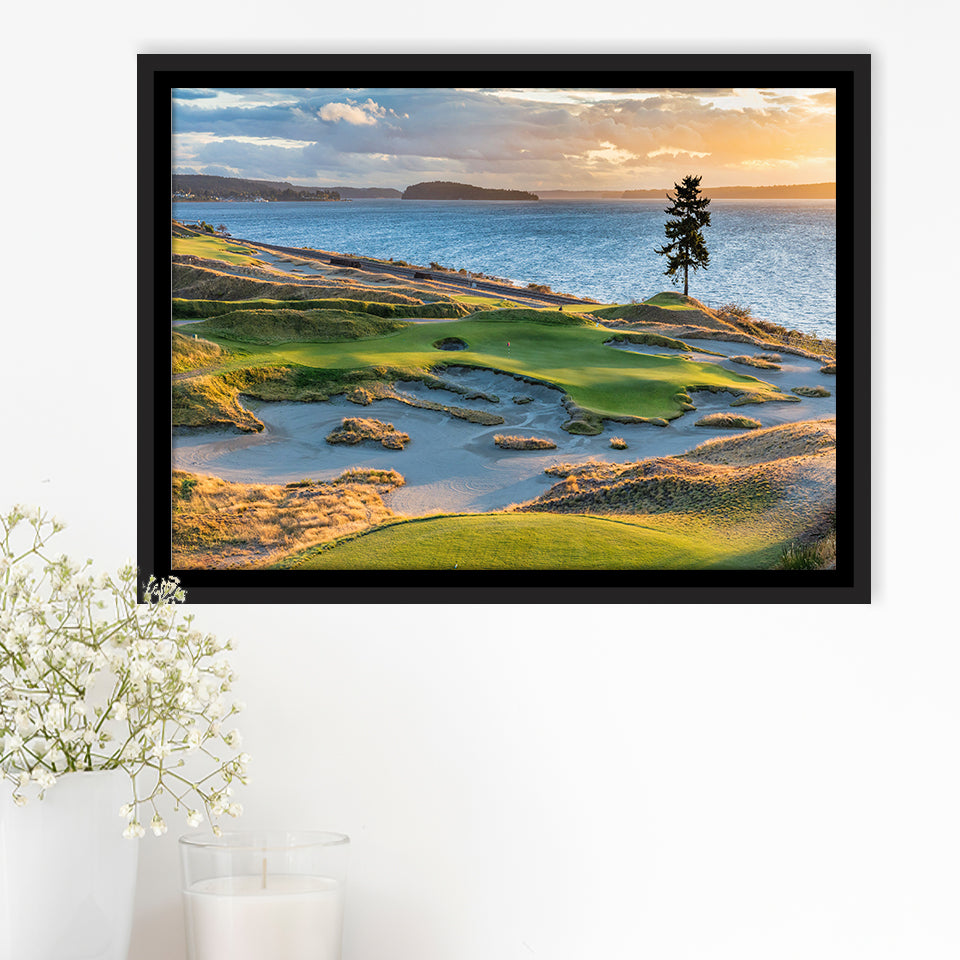 Chambers Bay Golf Course, Hole 15 Sunset 1, Golf Art Print, Framed Canvas Prints Wall Art Decor, Floating Frame