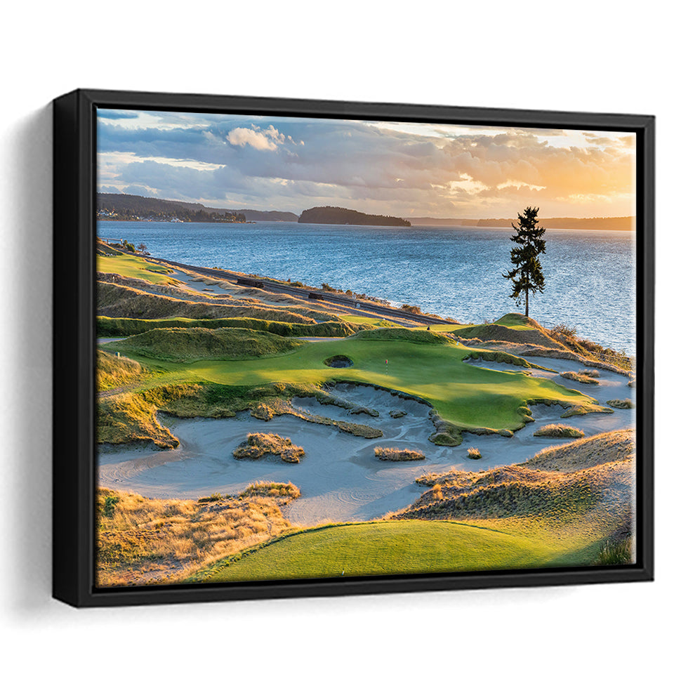 Chambers Bay Golf Course, Hole 15 Sunset 1, Golf Art Print, Framed Canvas Prints Wall Art Decor, Floating Frame