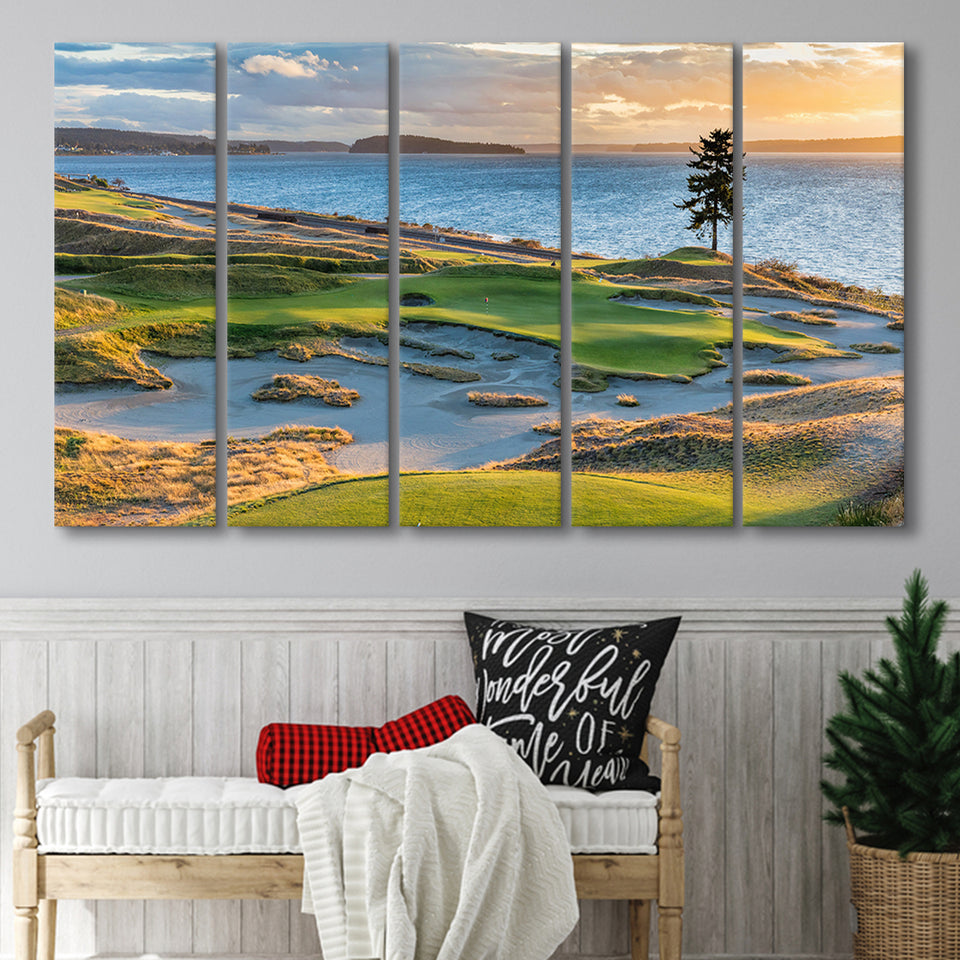 Chambers Bay Golf Course, Hole 15 Sunset 1, 5 Panels Extra Large Canvas Prints Wall Art Decor