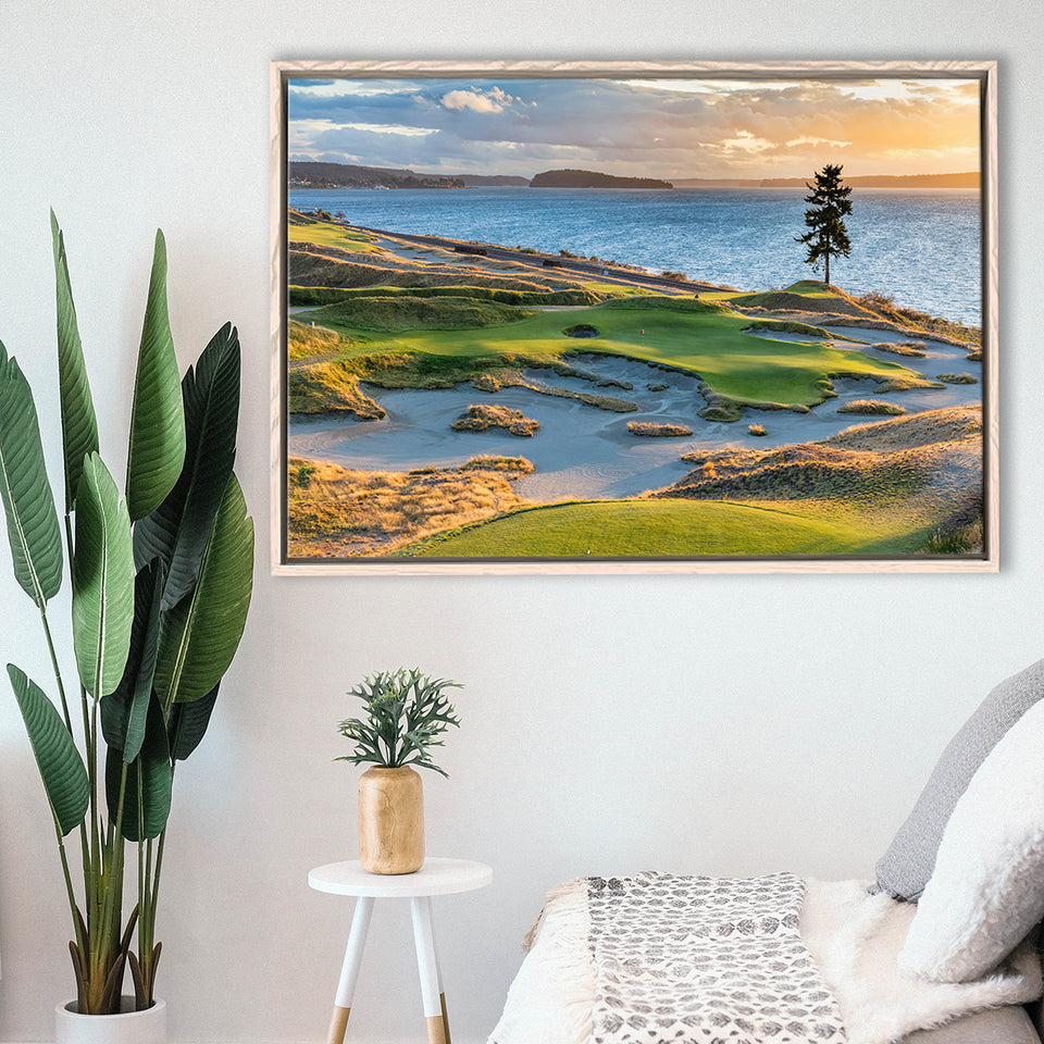 Chambers Bay Golf Course, Hole 15 Sunset 1, Golf Art Print, Framed Canvas Prints Wall Art Decor, Floating Frame