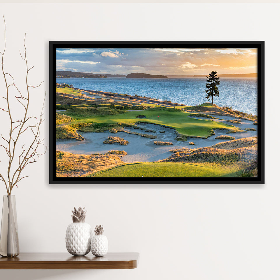 Chambers Bay Golf Course, Hole 15 Sunset 1, Golf Art Print, Framed Canvas Prints Wall Art Decor, Floating Frame