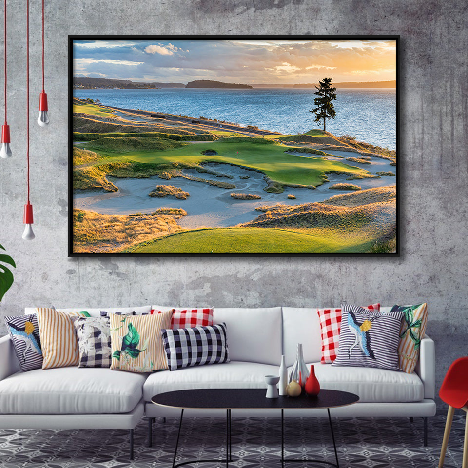 Chambers Bay Golf Course, Hole 15 Sunset 1, Golf Art Print, Framed Canvas Prints Wall Art Decor, Floating Frame