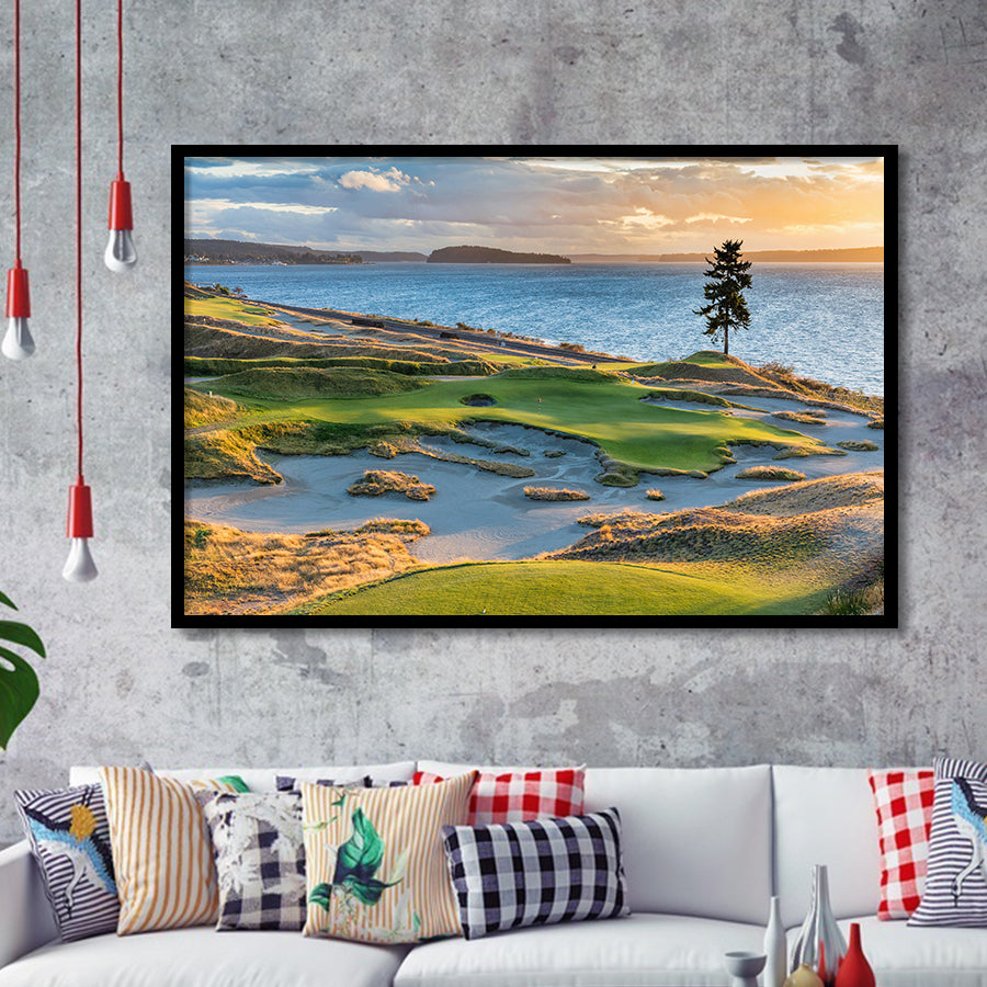 Chambers Bay Golf Course, Hole 15 Sunset 1, Golf Sport Print, Golf Lover, Framed Art Prints Home Decor