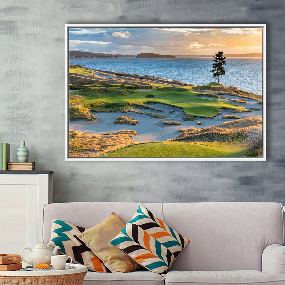 Chambers Bay Golf Course, Hole 15 Sunset 1, Golf Art Print, Framed Canvas Prints Wall Art Decor, Floating Frame