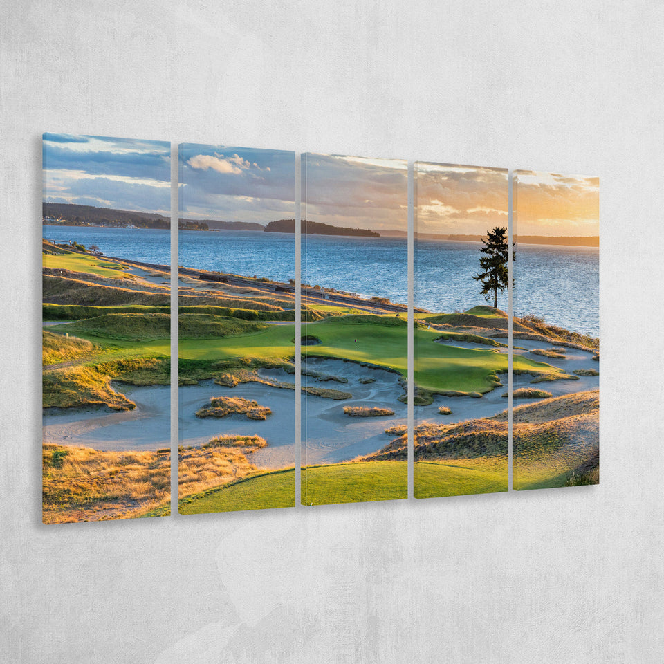 Chambers Bay Golf Course, Hole 15 Sunset 1, 5 Panels Extra Large Canvas Prints Wall Art Decor