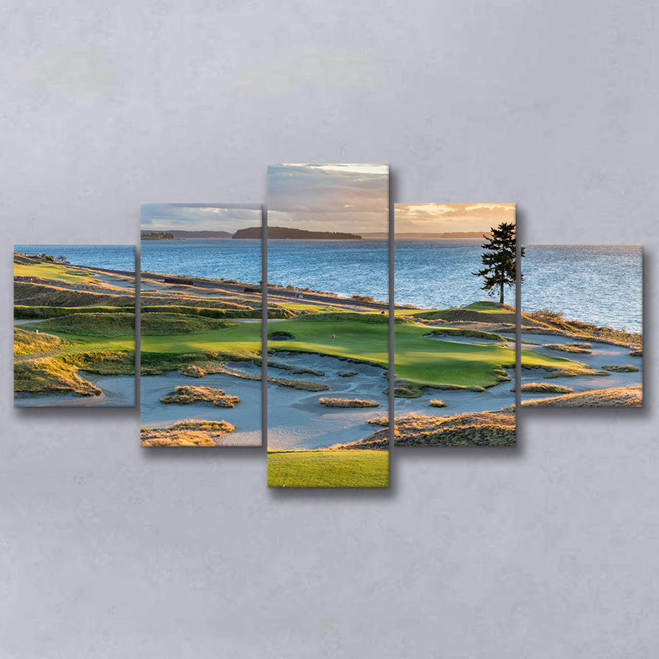 Chambers Bay Golf Course, Hole 15 Sunset 1, Golf Art Print, 5 Panels Canvas Prints Wall Art Decor