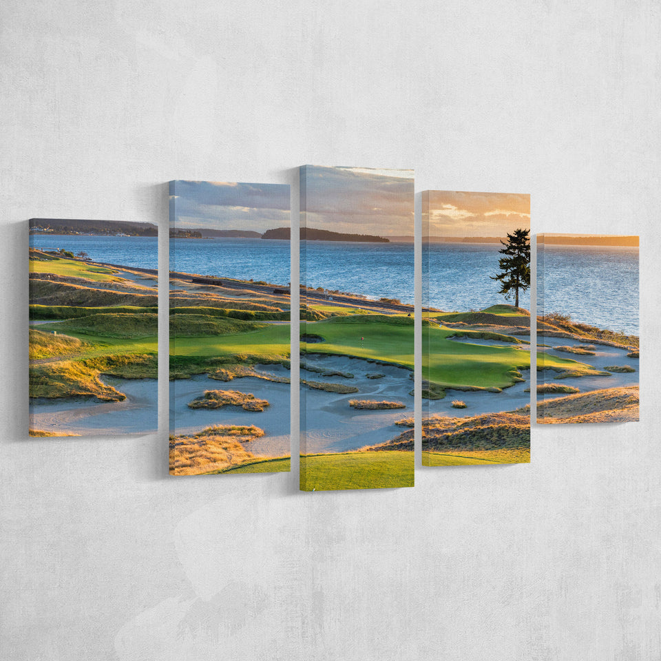 Chambers Bay Golf Course, Hole 15 Sunset 1, Golf Art Print, 5 Panels Canvas Prints Wall Art Decor
