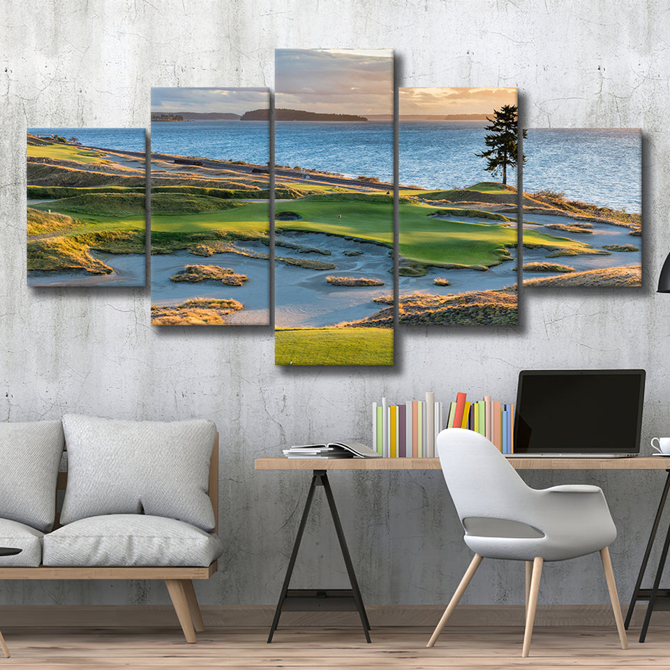 Chambers Bay Golf Course, Hole 15 Sunset 1, Golf Art Print, 5 Panels Canvas Prints Wall Art Decor