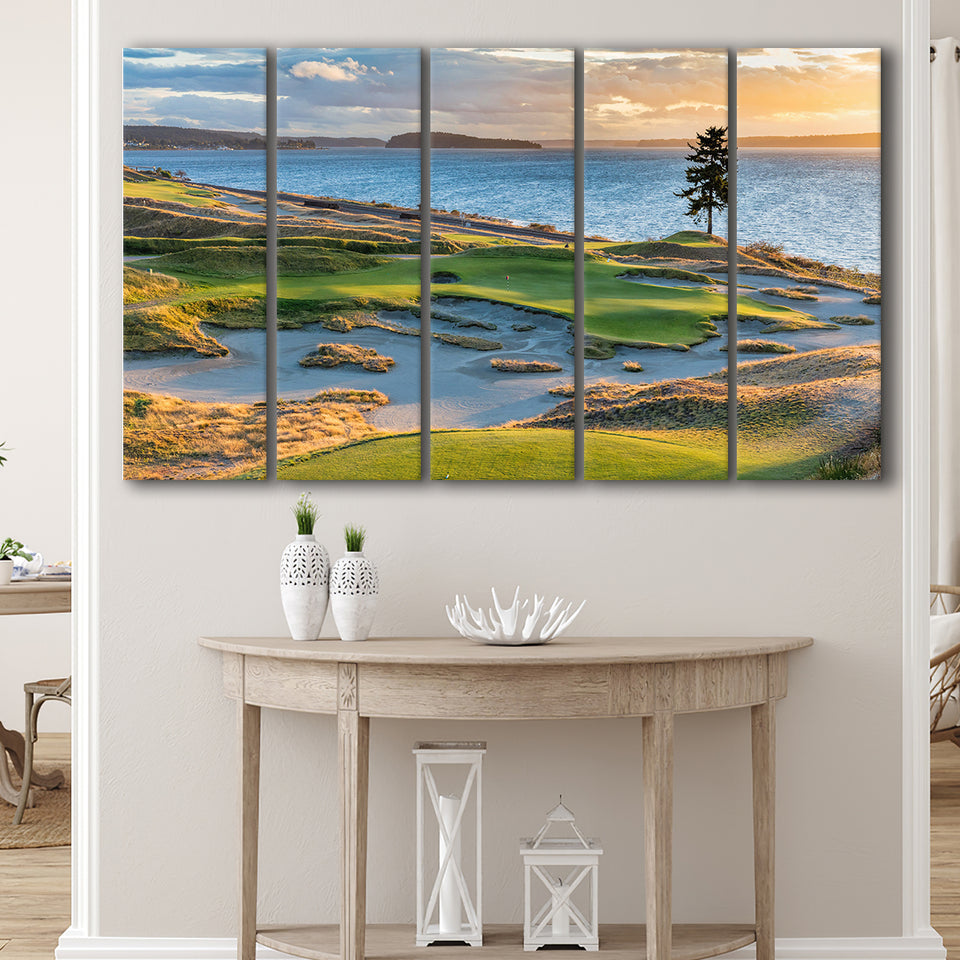 Chambers Bay Golf Course, Hole 15 Sunset 1, 5 Panels Extra Large Canvas Prints Wall Art Decor