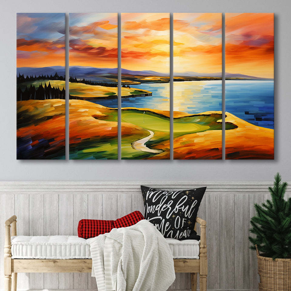 Chambers Bay Golf Course Hole 15 In Sunset Painting,5 Panel Extra Large Canvas Prints Wall Art Decor
