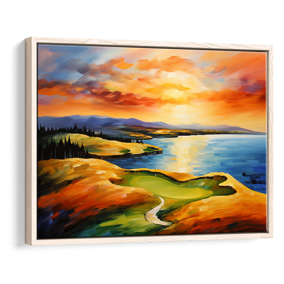 Chambers Bay Golf Course Hole 15 In Sunset Painting, Framed Canvas Prints Wall Art Decor, Floating Frame