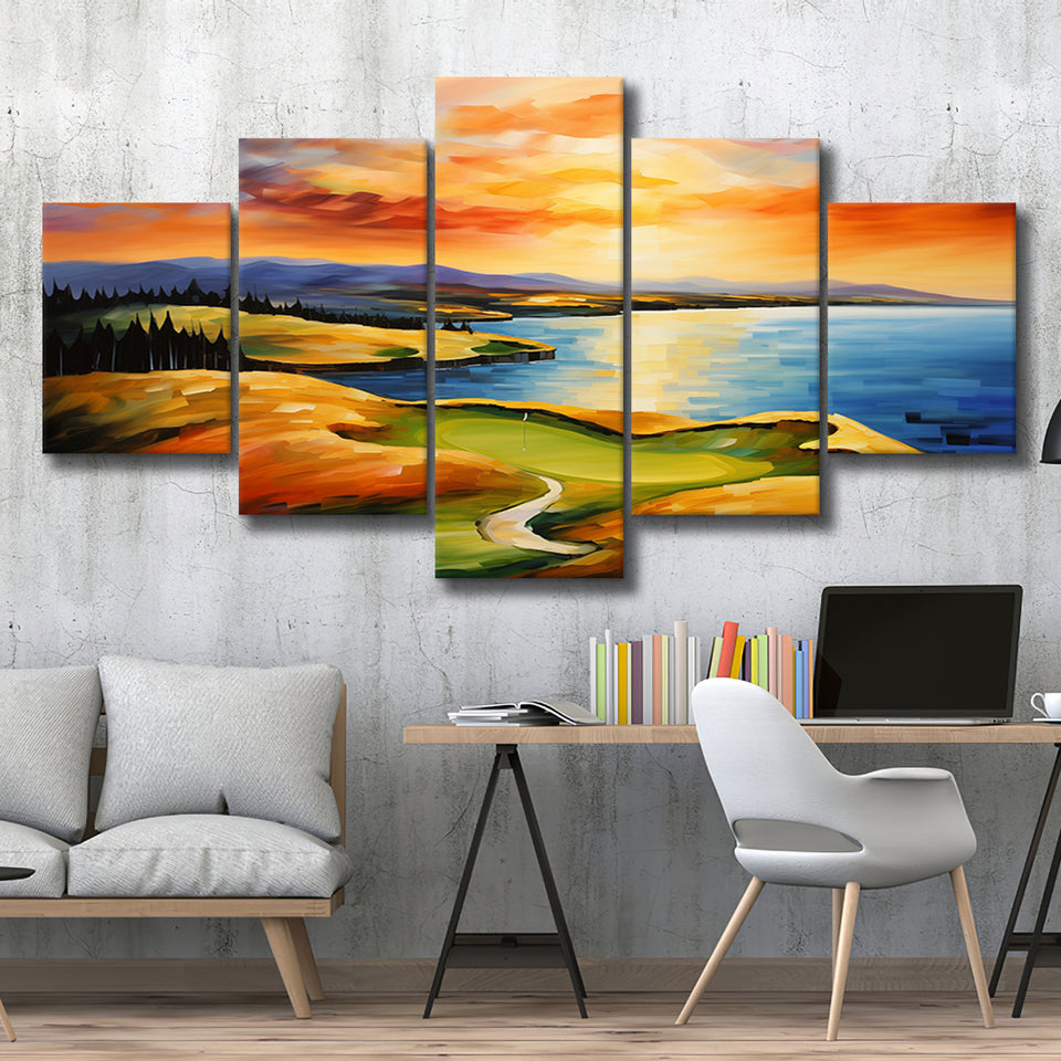 Chambers Bay Golf Course Hole 15 In Sunset Painting Mixed 5 Panel Large Canvas Prints Wall Art Decor