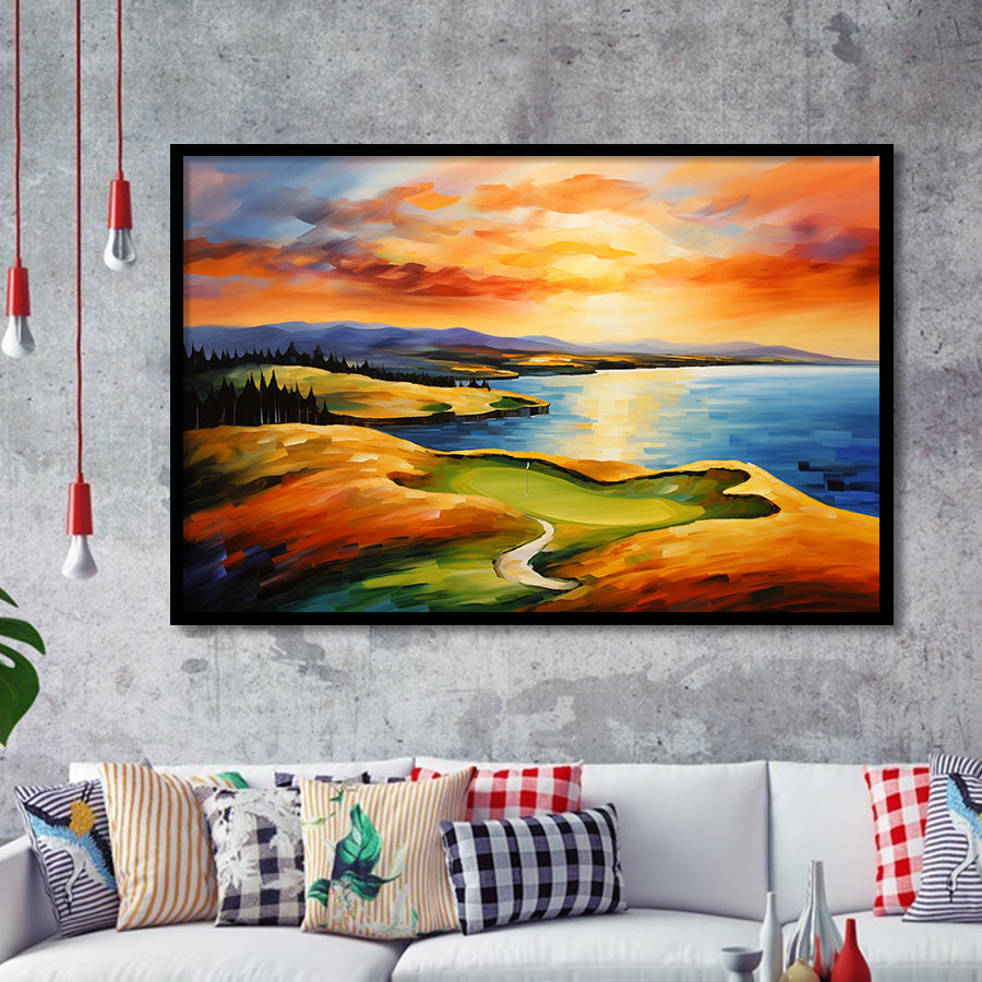 Chambers Bay Golf Course Hole 15 In Sunset Painting Framed Art Prints Wall Decor, Framed Painting Art
