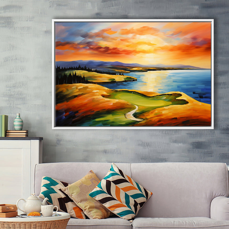 Chambers Bay Golf Course Hole 15 In Sunset Painting, Framed Canvas Prints Wall Art Decor, Floating Frame