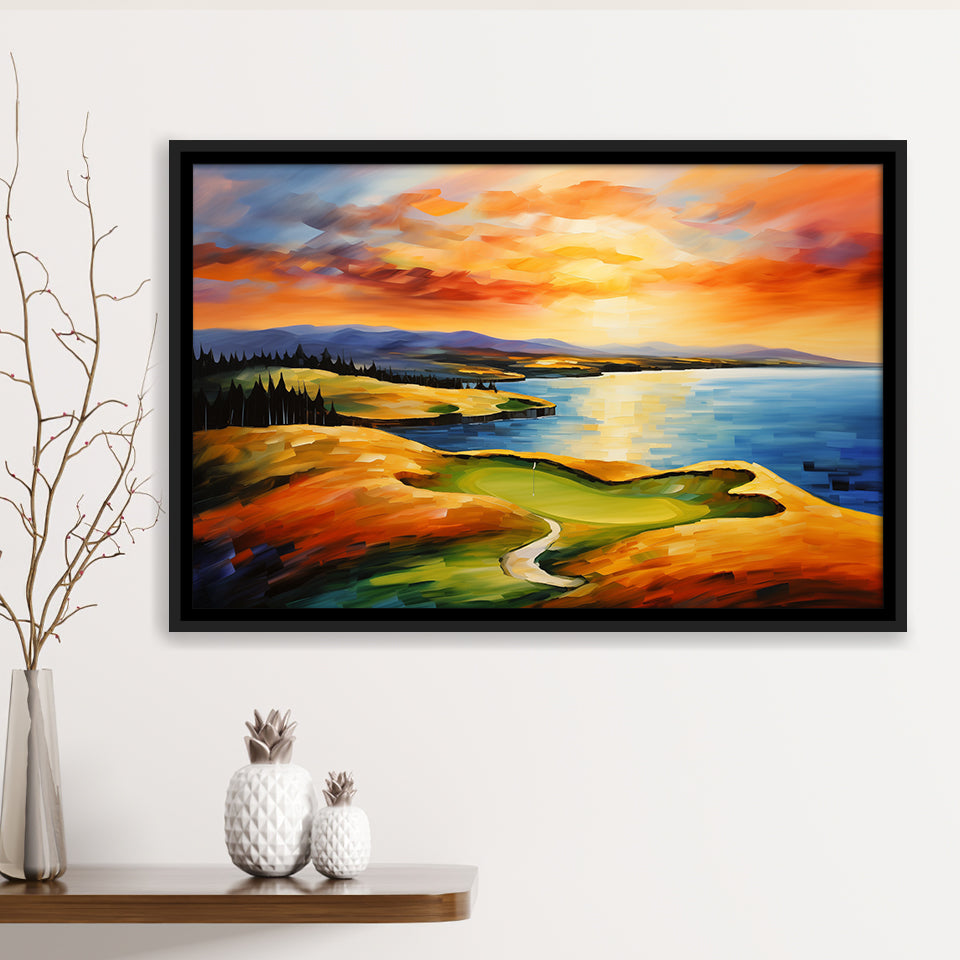 Chambers Bay Golf Course Hole 15 In Sunset Painting, Framed Canvas Prints Wall Art Decor, Floating Frame