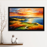 Chambers Bay Golf Course Hole 15 In Sunset Painting, Framed Canvas Prints Wall Art Decor, Floating Frame